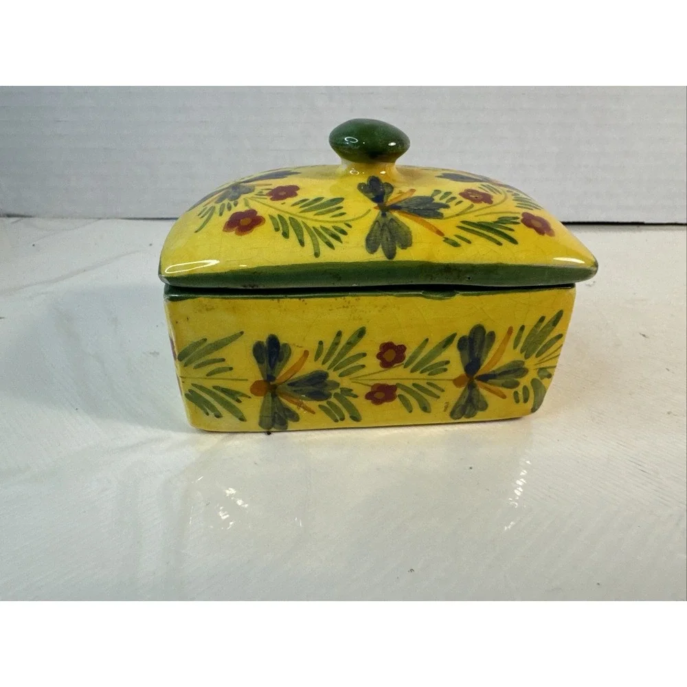 Yellow Green Porcelain Rectangle Trinket Vanity Box Italy Spring Floral 3.5x2.5